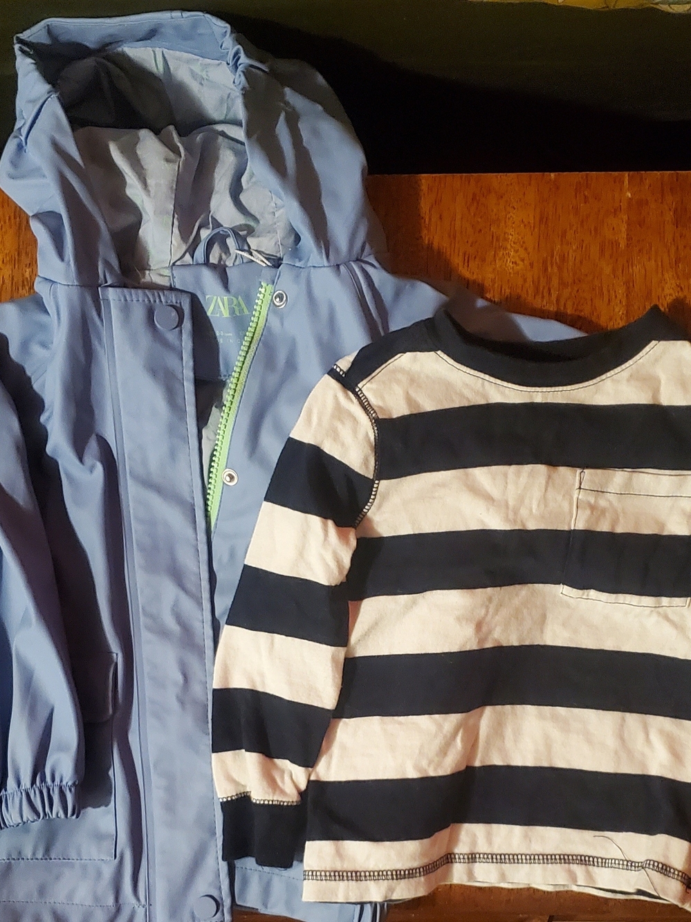 Zara Light Blue Hooded Raincoat with Old Navy Blue and White Striped Top